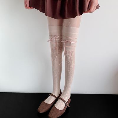法式镂空蕾丝蝴蝶结绑带白色过膝袜女春秋芭蕾风藕粉色大腿长筒袜