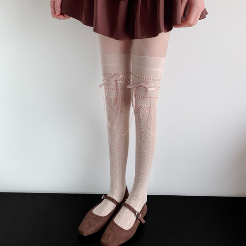 法式镂空蕾丝蝴蝶结绑带白色过膝袜女春秋芭蕾风藕粉色大腿长筒袜