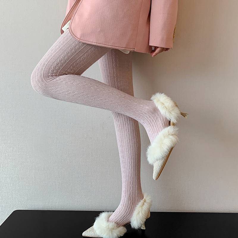 多巴胺粉色麻花纹连裤袜女春秋JK日系奶白色提花丝袜墨绿打底裤袜