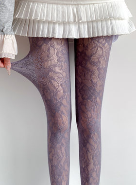 紫色韵味~复古花朵图腾丝袜女粉色提花打底袜镂空网袜彩色连裤袜