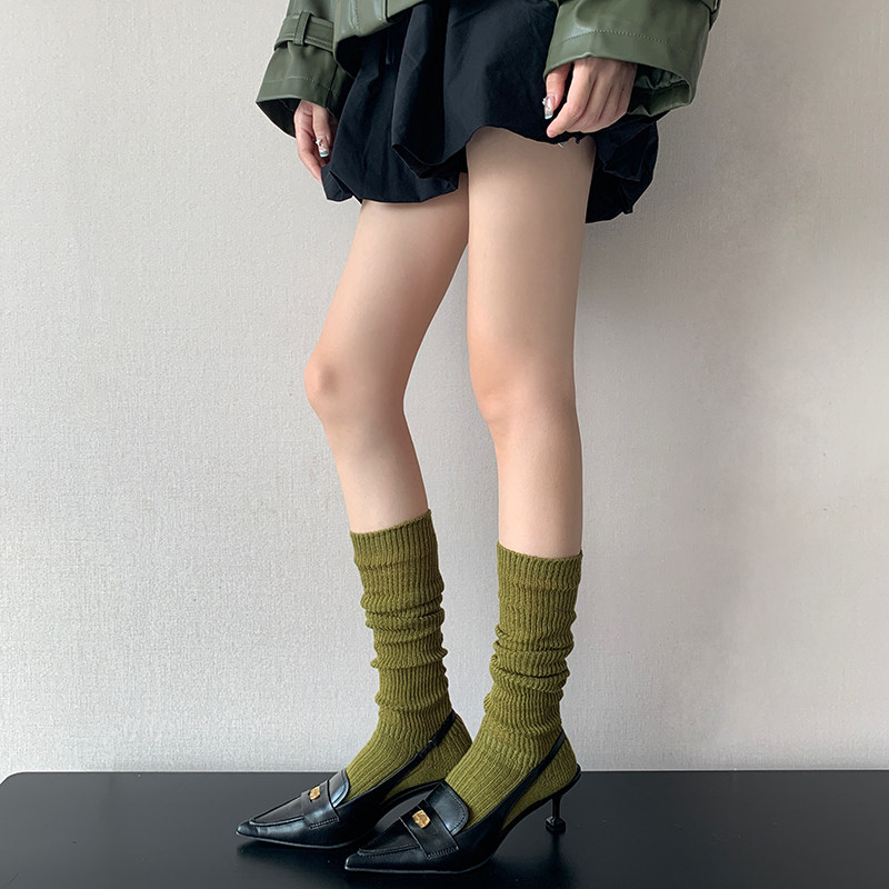 甜辣chic风绿色堆堆袜女秋冬季加厚羊毛袜蓝色中筒焦糖咖色小腿袜