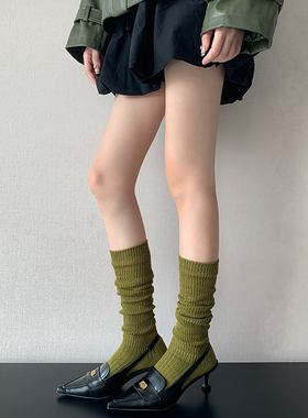 甜辣chic风绿色堆堆袜女秋冬季加厚羊毛袜蓝色中筒焦糖咖色小腿袜