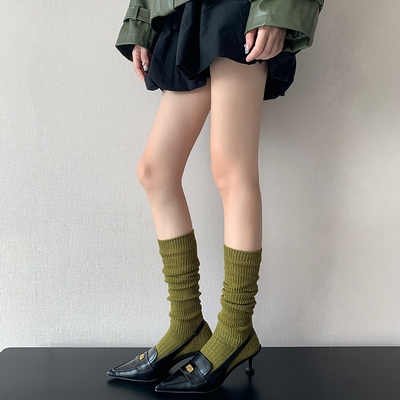 甜辣chic风绿色堆堆袜女秋冬季加厚羊毛袜蓝色中筒焦糖咖色小腿袜