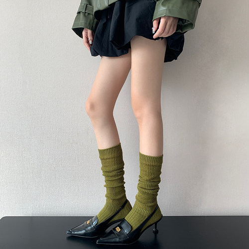 甜辣chic风绿色堆堆袜女秋冬季加厚羊毛袜蓝色中筒焦糖咖色小腿袜
