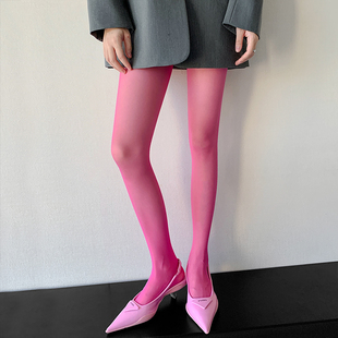 玫红色丝袜女夏季 防勾丝y2k甜酷辣妹酒红大红性感个性 连裤 袜 薄款