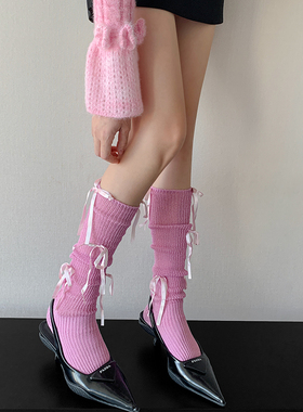 y2k粉色芭蕾风蝴蝶结中筒袜女春秋针织长筒堆堆袜白色亮丝小腿袜