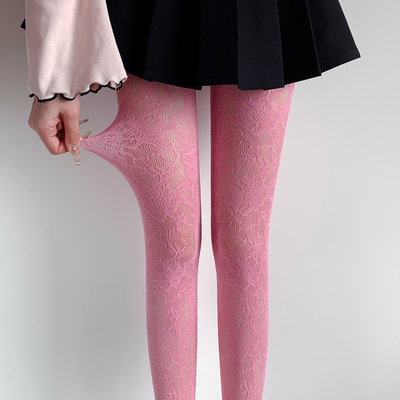 美式彩色复古辣妹蕾丝连裤袜女镂空网袜夏季花朵提花粉色打底丝袜