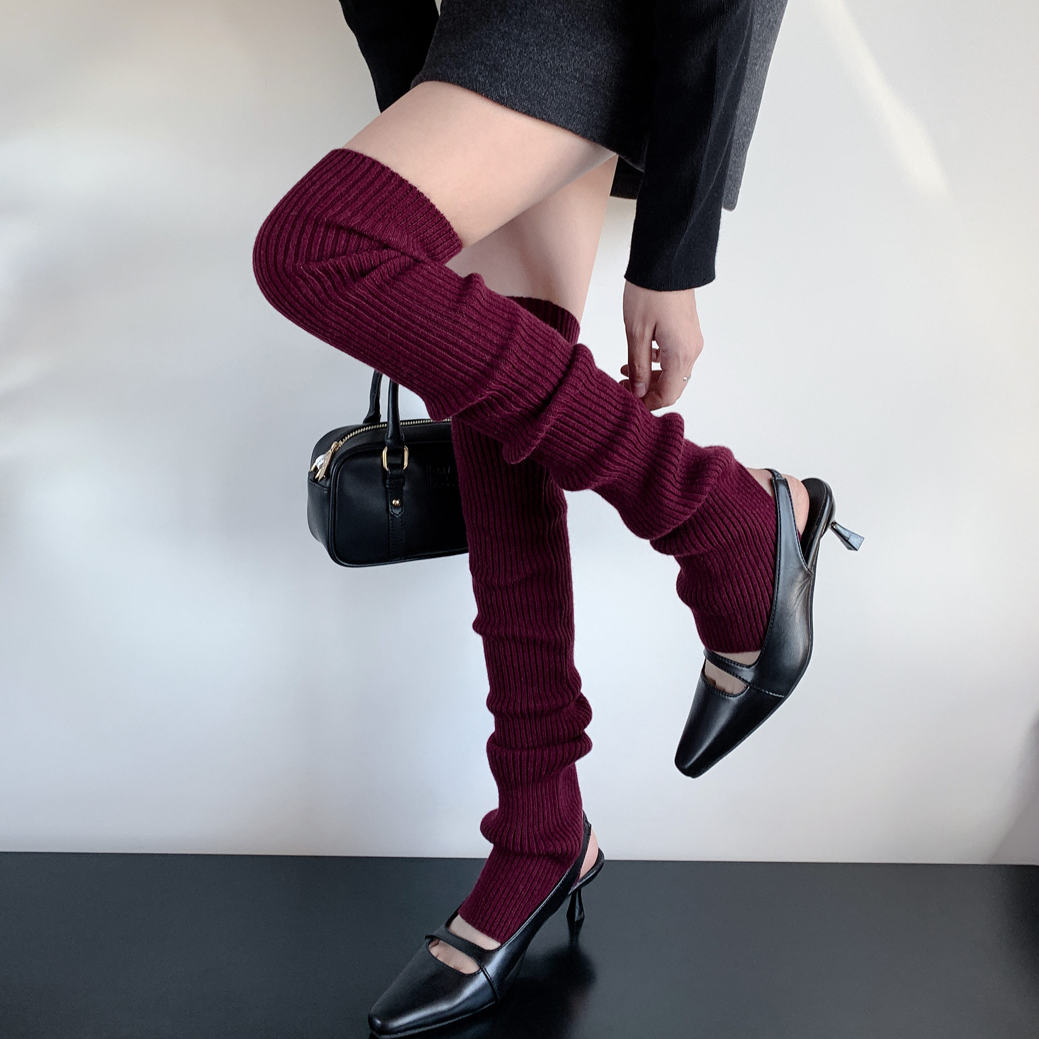 复古酒红色踩脚袜套女秋冬季加厚保暖护膝腿套y2k彩色过膝堆堆袜