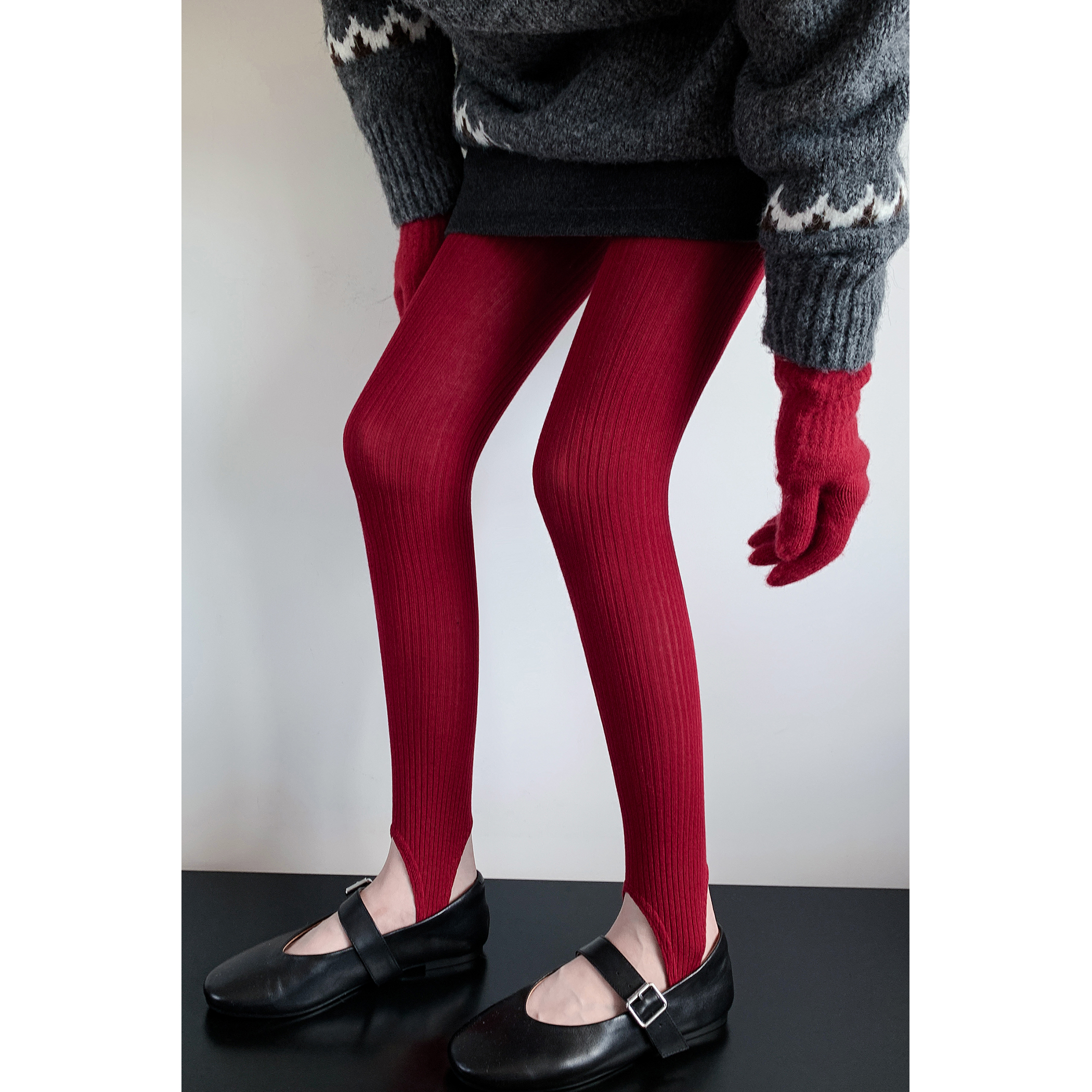 喜庆氛围感红色马甲踩脚袜女春秋棉质竖条连裤袜显瘦螺纹打底裤袜