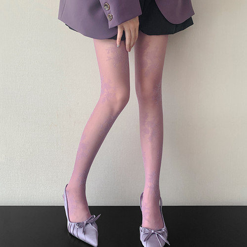 复古蔷薇玫瑰花朵紫色连裤袜春秋款超薄性感辣妹提花丝袜女打底袜