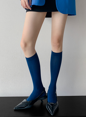 藏青色袜子女春秋深蓝色天鹅绒小腿半筒袜彩色长筒半腿蓝色中筒袜