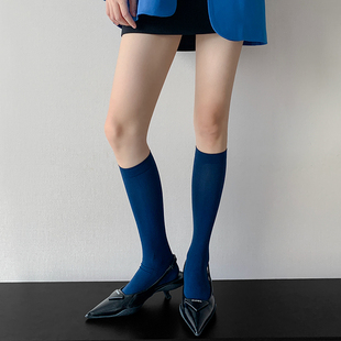 藏青色袜子女春秋深蓝色天鹅绒小腿半筒袜彩色长筒半腿蓝色中筒袜
