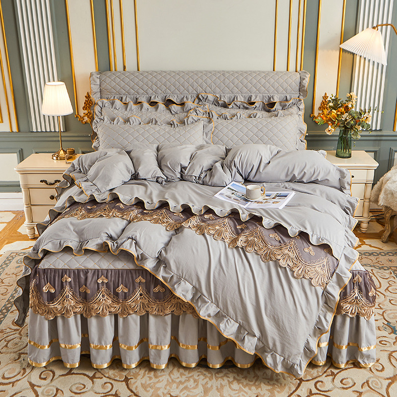 欧式夹棉加厚床裙款四件套磨毛蕾丝床罩水洗棉公主风荷叶花边被套