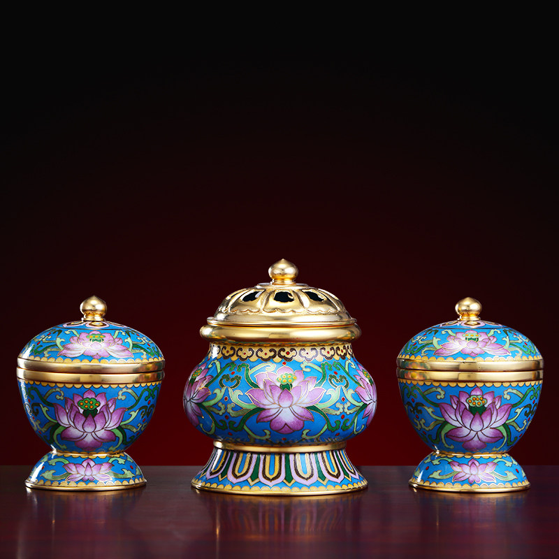 景泰蓝戒定真香香炉三件套香粉盅全铜掐丝珐琅彩檀香炉香薰炉家用