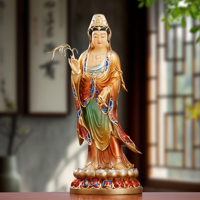 铜雕彩绘观音佛像家用供奉南海观世音菩萨站像滴水观音像客厅摆件
