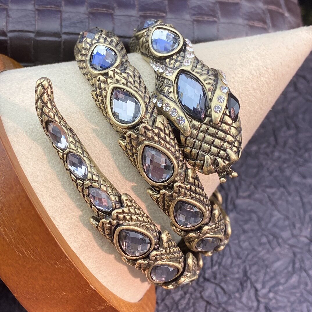 中古vintage 复古时尚气质个性款大颗莱茵石镶嵌神秘小蛇活口手镯