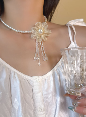 温柔花朵珍珠颈链项链流苏choker