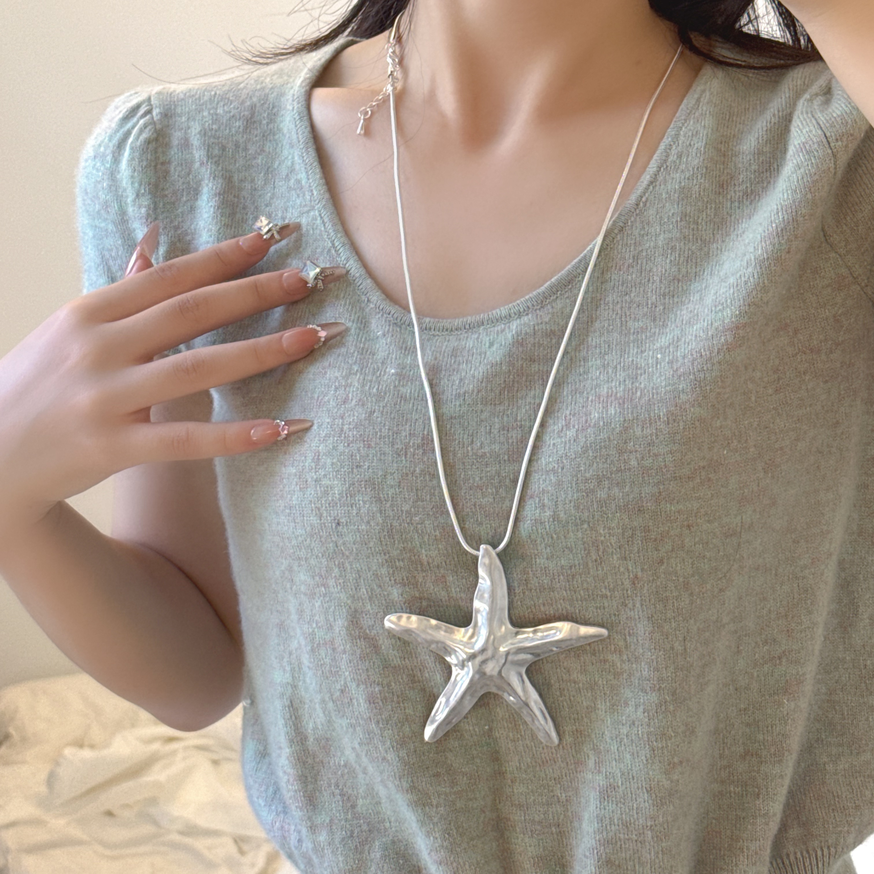 银色磨砂不规则海星项链夸张配饰