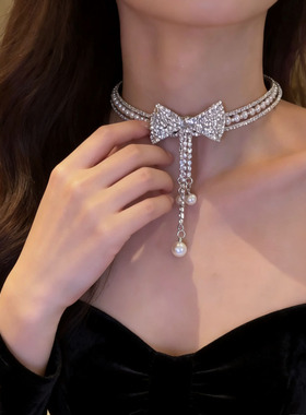 满钻闪锆蝴蝶结珍珠流苏锁骨项链