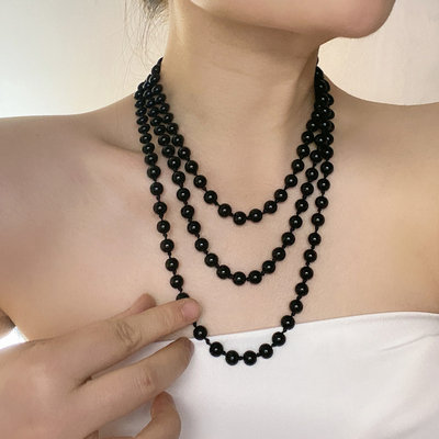 珍珠串珠长款女黑色多层项链颈链