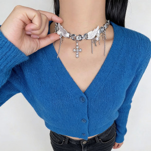 y2k甜酷风贝壳翅膀十字架choker颈链项链女链条流苏亚文化锁骨链