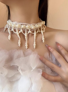 公主珍珠串珠流苏蕾丝choker项链