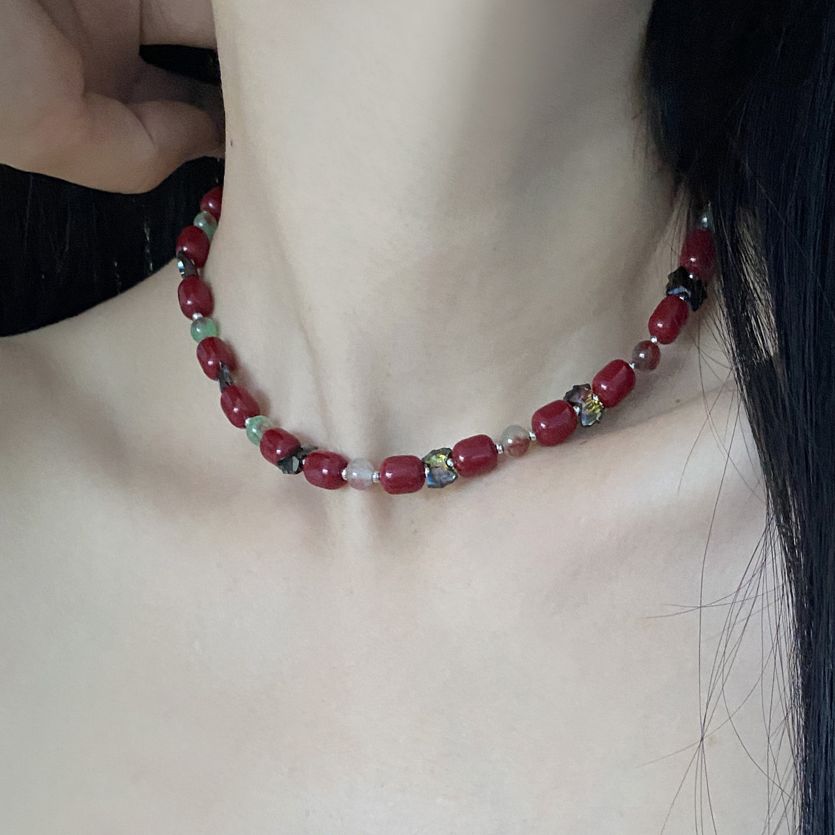 暗红天然石椭圆复古项链女ins小众串珠高级感气质水晶蝴蝶锁骨链,饰品/流行首饰/时尚饰品新,项链,淘宝优惠券,粉丝福利购,淘宝优惠卷