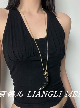 金属中古风滴油牛角吊坠项链女