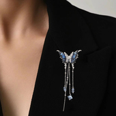 时髦镶钻水晶深蓝色蝴蝶流苏锆石胸针女精致高档ins小众西装 胸花