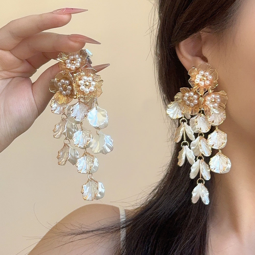 复古新中式金色流苏贝壳花朵耳环女夸张高级感长款耳坠新娘耳饰