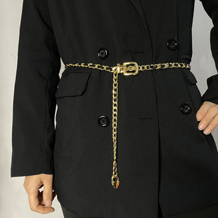 法式 时髦金属细链条编织百搭腰链皮质拼接腰带女潮流苏吊坠配饰