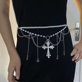 复古金属甜酷风珍珠十字架镶钻流苏腰链女时尚 腰带裙子配饰金属链