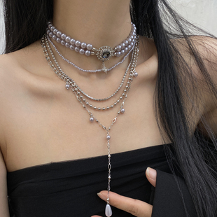 长款灰色珍珠多层流苏项链女小众高级感镶钻水滴叠带毛衣链颈链潮