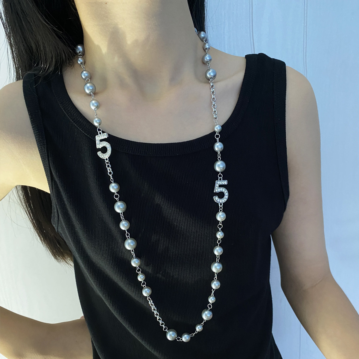 灰色珍珠长款项链女数字5镶钻复古叠带轻奢高级感秋冬新款毛衣链,饰品/流行首饰/时尚饰品新,项链,淘宝优惠券,粉丝福利购,淘宝优惠卷