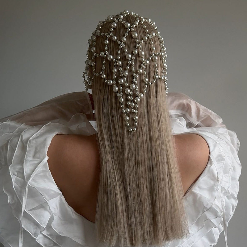 网状仙女珍珠镂空超仙发链氛围感串珠头饰新娘百搭配饰hair chain