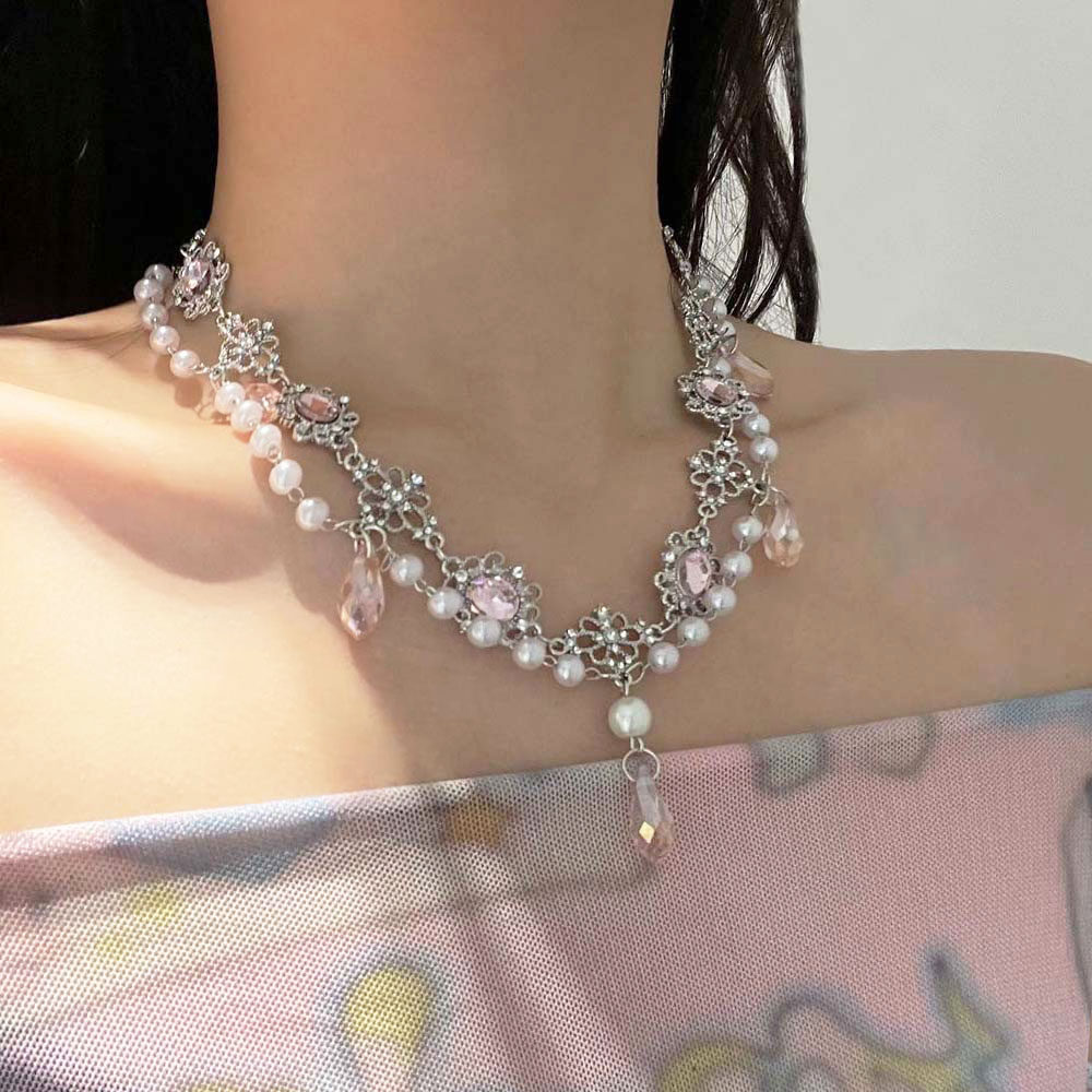 粉色水钻超闪珍珠流苏项链女2025年新款爆款锁骨链夸张晚礼服颈链,饰品/流行首饰/时尚饰品新,项链,淘宝优惠券,粉丝福利购,淘宝优惠卷