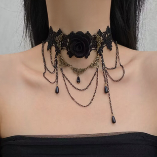 复古黑色蕾丝花朵chocker颈带项链女洛丽塔哥特纯欲风颈链锁骨链