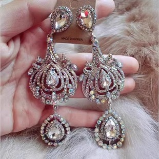 欧美几何闪钻长款大耳钉复古夸张耳环超大高级感耳饰满钻夜店配饰