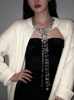 夸张重工超闪满钻流苏长款项链