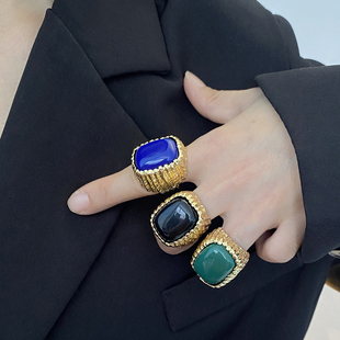 欧美夸张小众设计几何方形大颗黑宝石树脂戒指夸张中古开口指环潮