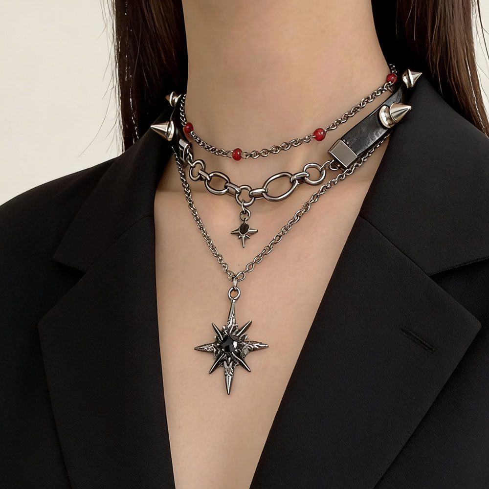 y2k皮质铆钉黑芒星多层颈链项链
