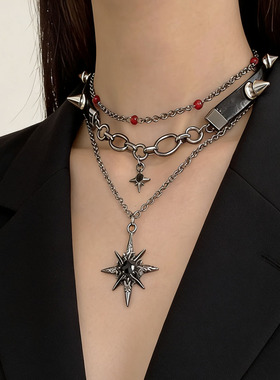 y2k皮质铆钉黑芒星多层颈链项链