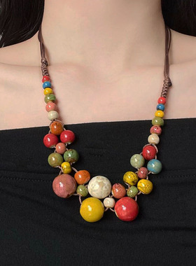 民族风彩色陶瓷圆珠多巴胺项链女