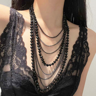 小众设计感多层叠戴黑水晶串珠项链女复古简约气质长款毛衣链颈链