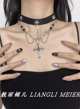 哥特式皮革项圈十字架流苏项链女
