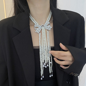 毛衣链 镶钻蝴蝶结珍珠水滴流苏项链长款 法式 巴洛克小香风夸张个性