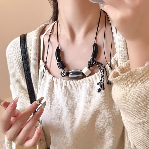 树脂几何串珠项链编绳流苏锁骨链