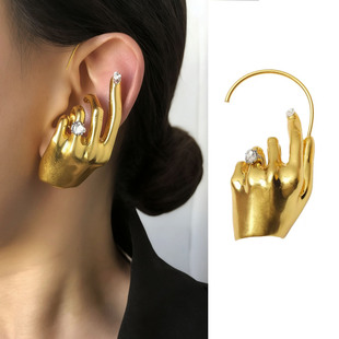 欧美个性黄铜高质感重工手掌无耳洞耳挂女锆石镶嵌耳夹右耳配饰女