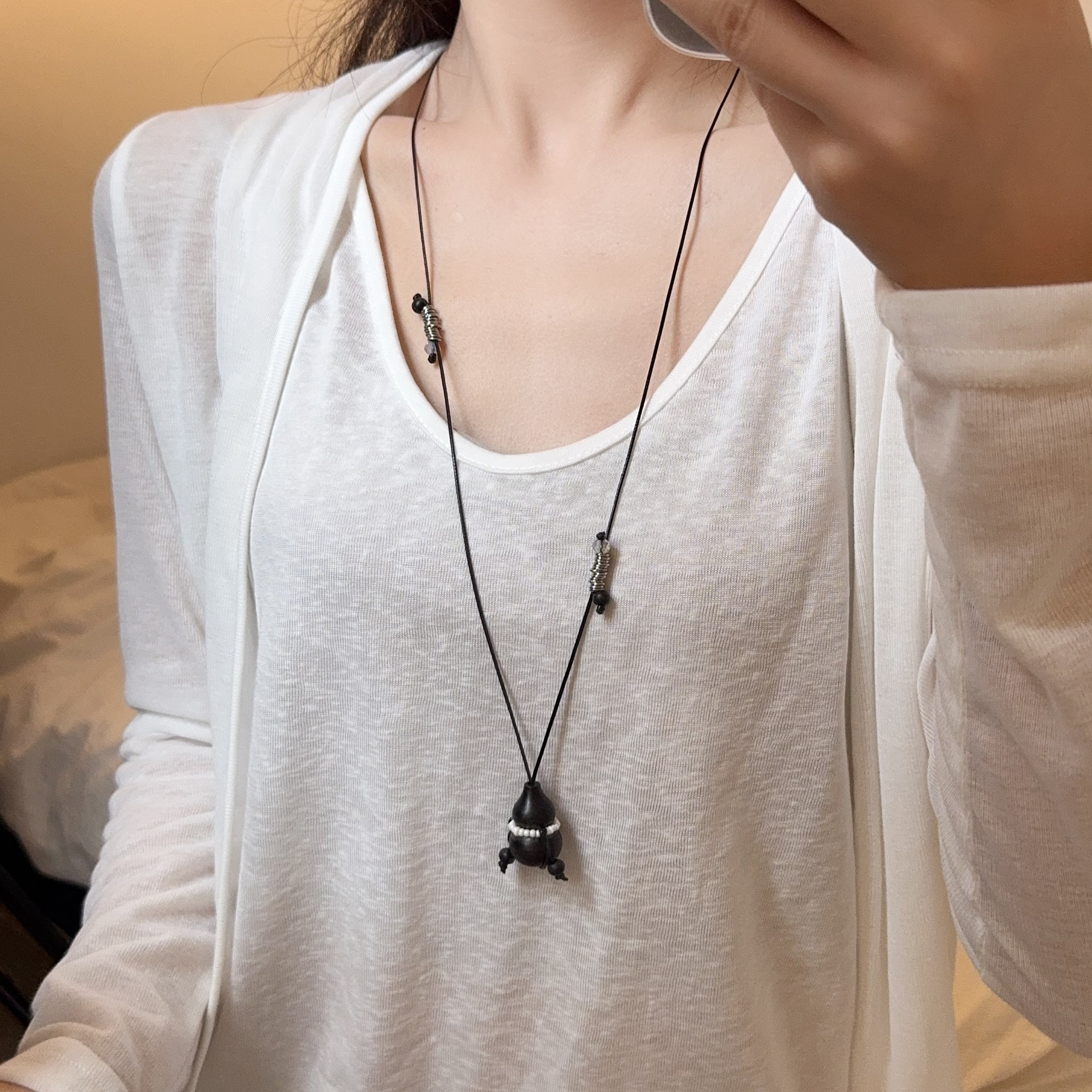 新中式黑绳木质葫芦吊坠项链女