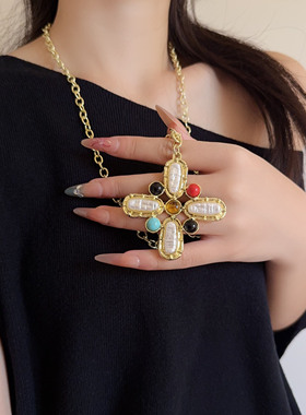 复古时髦彩色镶嵌十字架项链女